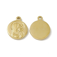 Vacuum Plating 201 Stainless Steel Pendants, Flat Round with Woman Charm, Real 18K Gold Plated, 18.5x15x2.5mm, Hole: 1.8mm(STAS-J401-VC621)