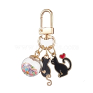 Cat Alloy Enamel Pendant Decorations, Alloy Swivel Clasps & Glass Ball Charms for Bag Ornaments, Black, 55mm, Pendants: 21~25x8.5~16mm(HJEW-JM01981-02)