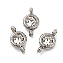 304 Stainless Steel Single Rhinestone Connector Charms, Flat Round Links, Stainless Steel Color, Crystal, 12x6.5x4mm, Hole: 2mm(STAS-E194-13P)