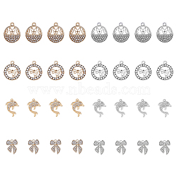 32Pcs 8 Style Alloy Crystal Rhinestone Pendants, Bowknot & Dolphin & Flat Round with Butterfly, Platinum & Golden, 19.5~25.5x15~18x2.6~3mm, Hole: 1.8~2mm, 4Pcs/style(FIND-FH0007-41)