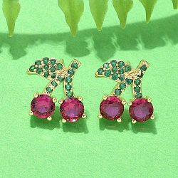 Brass Micro Pave Cubic Zirconia Stud Earrings, Rack Plating, Long-Lasting Plated, Lead Free & Cadmium Free, Cherry, Real 18K Gold Plated, 13x13mm(EJEW-Q015-05G)