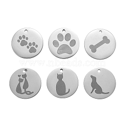 12Pcs 6 Style 304 Stainless Steel Pet Pendants, Laser Cut, Flat Round, Stainless Steel Color, 2pcs/style(STAS-CJ0001-139)