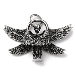 Ion Plating(IP) 304 Stainless Steel Pendants, with Jump Ring, Angel Charm, Antique Silver, 31.5x47x11.8mm, Hole: 6.5mm(STAS-D067-02AS)
