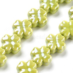 Porcelain Beads, Four Leaf Clover, Green Yellow, 12x12x6mm, Hole: 2mm, about 30pcs/strand, 137.80''(350cm)(PORC-Z001-01O)