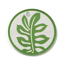Opaque Acrylic Pendants, Flat Round with Leaf, Lime Green, 45x3mm, Hole: 3.5mm(BACR-C001-01A)