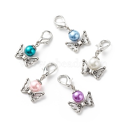 Baking Painted Pearlized Glass Pearl Round Bead Pendant Decorations, with Alloy Lobster Claw Clasps and Butterfly Beads, Mixed Color, 34mm(HJEW-JM00728)