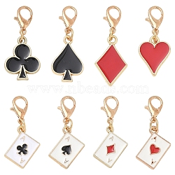 48Pcs 8 Styles Alloy Enamel Pendant Decorations, Playing Card, with Lobster Claw Clasps, Golden, Mixed Color, 30~35mm, 6pcs/style(HJEW-YW00526)