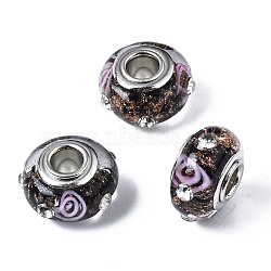 Handmade Lampwork European Beads, with Gold Foil and Rhinestone, Large Hole Rondelle Beads, with Platinum Tone Brass Double Cores, Rondelle, Black, 14.5x9mm, Hole: 4.5mm(LPDL-T001-04D)