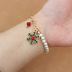 Christmas Jewelry, Alloy Enamel Charm Bracelets for Women, with Plastic Imitation Pearl, Snowflake(NB3744-1)