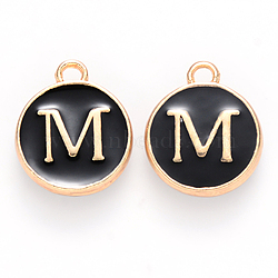 Golden Plated Alloy Charms, Cadmium Free & Lead Free, with Enamel, Enamelled Sequins, Flat Round with Letter, Black, Letter.M, 14x12x2mm, Hole: 1.5mm(ENAM-S118-02M)