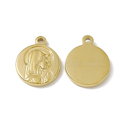 PVD Vacuum Plating 201 Stainless Steel Pendants, Flat Round with Woman Charm, Real 18K Gold Plated, 18.5x15x2.5mm, Hole: 1.8mm(STAS-J401-VC621)