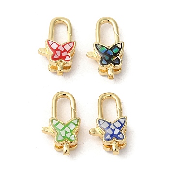 Brass Lobster Claw Clasps, with Enamel & Shell, Long-Lasting Plated, Lead Free & Cadmium Free, Real 18K Gold Plated, Butterfly, Mixed Color, 18x10x6mm, Hole: 1.5mm