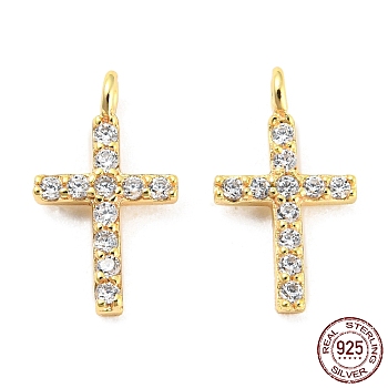 925 Sterling Silver Micro Pave Cubic Zirconia Charms, Cross, Real 18K Gold Plated, 10.5x6x3mm, Hole: 1.2mm