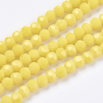 Opaque Glass Beads Strands, Imitation Jade Glass, Faceted, Round, Yellow, 3.5~4.5mm, Hole: 0.5mm, about 100pcs/strand, 13.9~15.7 inch(35.5~40cm)