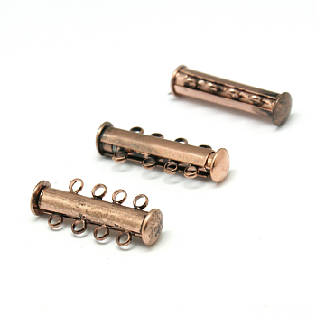 4-Strands 8-Holes Tube Brass Magnetic Slide Lock Clasps, Nickel Free, Red Copper, 25x10x6mm, Hole: 2mm