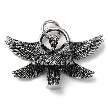 Ion Plating(IP) 304 Stainless Steel Pendants, with Jump Ring, Angel Charm, Antique Silver, 31.5x47x11.8mm, Hole: 6.5mm