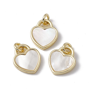 Natural White Shell Heart Charms, with Rack Plating Brass Findings, Cadmium Free & Lead Free, Golden, 14x12x2mm, Hole: 3mm