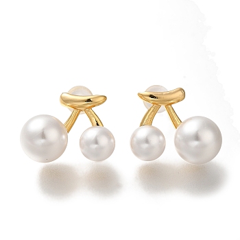 Brass ABS Imitation Pearl Stud Earrings for Women, Cherry, Left and Right, Real 18K Gold Plated, 13x15mm