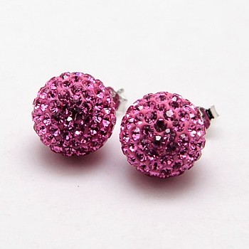925 Sterling Silver Austrian Crystal Rhinestone Ear Studs, with Ear Nuts, Round, 209_Rose, 12mm, Pin: 0.8mm