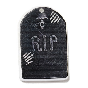 Halloween Themed Opaque Acrylic Pendants, Tombstone Charms, Black, 37.5~38x23.5~25.5x2mm, Hole: 2mm