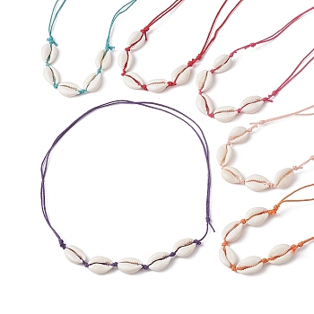 6Pcs 6 Color Natural Cowrie Shell Beaded Necklaces Set for Women, Waxed Cotton Cord Adjustable Necklaces, Mixed Color, 19.69~31.50 inch(50~80cm), 1Pc/color