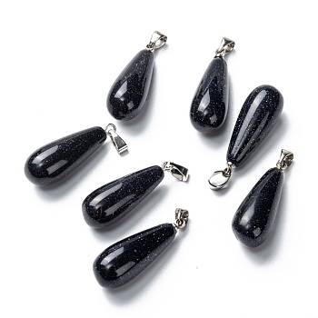 Synthetic Blue Goldstone Pendants, with Platinum Brass Findings, Teardrop, 26.5~29x10mm, Hole: 2.5~3.5x4~6mm