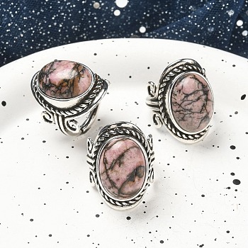 Natural Rhodonite Adjustable Rings, Lead Free & Cadmium Free, Antique Silver Plated Brass Finger Rings for Women, Oval, 27mm, Inner Diameter: 17mm