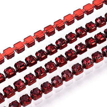 Electrophoresis Iron Rhinestone Strass Chains, Rhinestone Cup Chains, with Spool, Siam, SS6.5, 2~2.1mm, about 10yards/roll