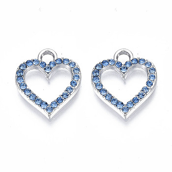 Alloy Charms, with Rhinestone, Cadmium Free & Lead Free, Heart, Light Sapphire, 17x15x2mm, Hole: 2.5mm