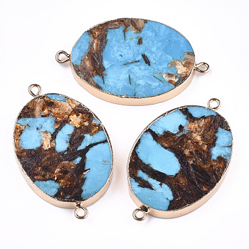 Assembled Bronzite and Synthetic Turquoise Links connectors, with Iron Findings, Oval, Golden, 44~47x27~29x6mm, Hole: 2mm