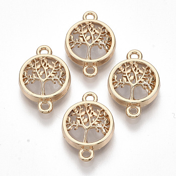 Glass Links connectors, with Light Gold Plated Alloy Findings, Flat Round with Tree, Clear, 19.5x13.5x5.5mm, Hole: 1.6mm