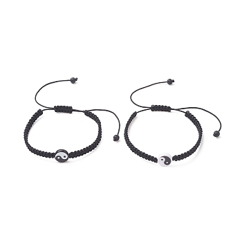 2Pcs 2 Color Acrylic Yin Yang Braided Bead Bracelets Set, Black and White, Inner Diameter: 1-3/4~3-5/8 inch(4.6~9.1cm), 1Pc/color