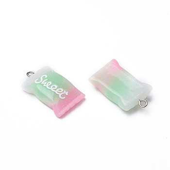 Resin Pendants, with Platinum Plated Iron Findings, Suger with Word Sweet, Imitation Food , Colorful, 28x16.5x7.5mm, Hole: 1.5mm