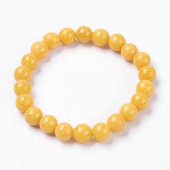 Natural Mashan Jade Beaded Stretch Bracelet, Dyed, Round, Gold, 2 inch(5cm), Beads: 14mm