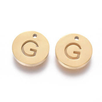 304 Stainless Steel Charms, Ion Plating (IP), Flat Round, Letter.G, 10x1.5mm, Hole: 1mm