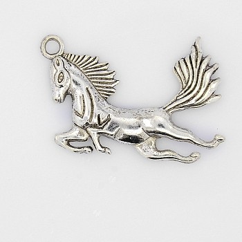 Tibetan Style Alloy Pendants, Horse, Antique Silver, Lead Free and Cadmium Free, 40x29.5x2.5mm, Hole: 3mm