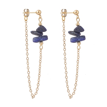 Natural Lapis Lazuli Chip Beads Dangle Stud Earrings for Women, Chain Drop Earrings, Gold, 65x2mm, Pin: 0.7mm