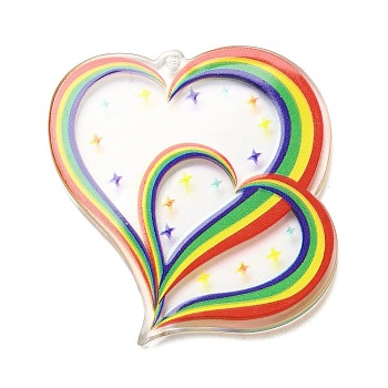 Acrylic Pendants, Heart, Rainbow, Colorful, 39.5x37x2.5mm, Hole: 1.6mm