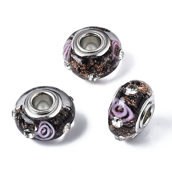 Handmade Lampwork European Beads, with Gold Foil and Rhinestone, Large Hole Rondelle Beads, with Platinum Tone Brass Double Cores, Rondelle, Black, 14.5x9mm, Hole: 4.5mm