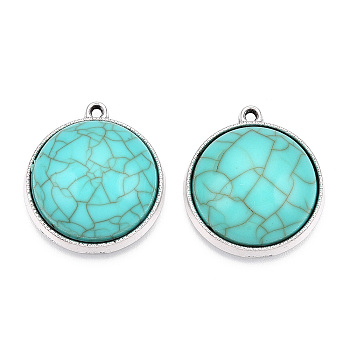 Resin Imitation Turquoise Pendants, with Rack Plating Tibetan Style Alloy Settings, Lead Free & Cadmium Free & Nickel Free, Dome/Semi Sphere Charm, Antique Silver, 28x25x9mm, Hole: 1.8mm