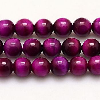 Natural Tiger Eye Beads Strands, Grade A, Dyed & Heated, Round, Fuchsia, 8mm, Hole: 1mm