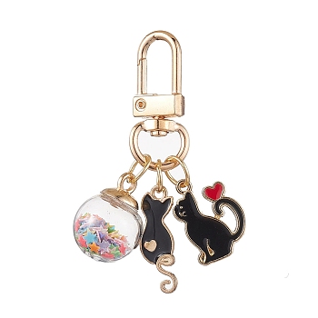 Cat Alloy Enamel Pendant Decorations, Alloy Swivel Clasps & Glass Ball Charms for Bag Ornaments, Black, 55mm, Pendants: 21~25x8.5~16mm
