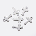 Tarnish Resistant 304 Stainless Steel Tiny Cross Charms, Stainless Steel Color, 15x10x1mm, Hole: 1.5mm(STAS-F159-39P)