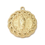 304 Stainless Steel Pendants, Flower with Virgin Mary Pattern Charm,  PVD Vacuum Plating, Real 18K Gold Plated, 25.5x22.5x2.5mm, Hole: 1.6mm(STAS-G371-02G-01)