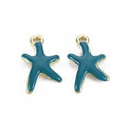 Rack Plating Alloy Pendants, with Enamel, Cadmium Free & Lead Free, Starfish, Light Gold, Steel Blue, 17x11.5x3mm, Hole: 1.8mm(PALLOY-S132-236A-RS)