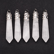 Natural Quartz Crystal Big Pointed Pendants, Rock Crystal, Bullet, with Platinum Tone Alloy Findings, 57~62x9~10mm, Hole: 4x5mm(X-G-K131-03I)