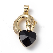 Real 18K Gold Plated Rack Plating Brass Micro Pave Clear Cubic Zirconia Pendants, with Glass, Long-Lasting Plated, Cadmium Free & Lead Free, Leopard with Heart Charm, Black, 28.5x17.5x8mm, Hole: 5x3.2mm(KK-C015-12G-10)