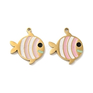 Ion Plating(IP) 316L Surgical Stainless Steel Charms, with Enamel, Real 18K Gold Plated, Fish Charm, Pink, 16x14.5x1.5mm, Hole: 1.2mm(STAS-D035-01C-G)
