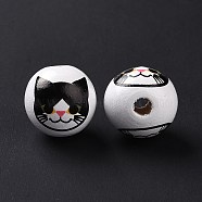 Printed Wood European Beads, Large Hole Beads, Round with Cat Pattern, Black, 15.5~16x14.5~15mm, Hole: 4.6mm(WOOD-B005-01C)