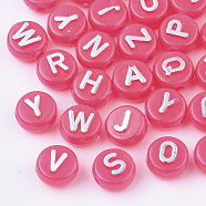 Plating Opaque Acrylic Beads, Metal Enlaced, Horizontal Hole, Flat Round with Letter, Cerise, 10x6mm, Hole: 1.8mm(X-MACR-T032-02D)